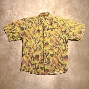 Vintage 90s Peach Print Graphic Button Up Shirt Yellow Abstract Surfer Skater